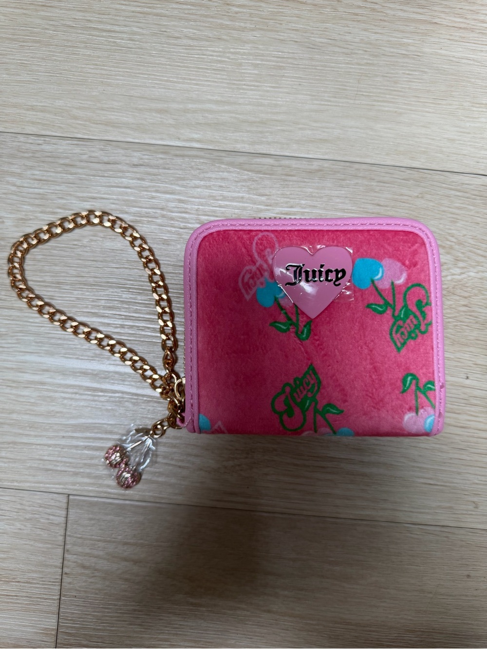 Juicy Couture Pink Velvet Cherry Logo Wristlet Wallet
